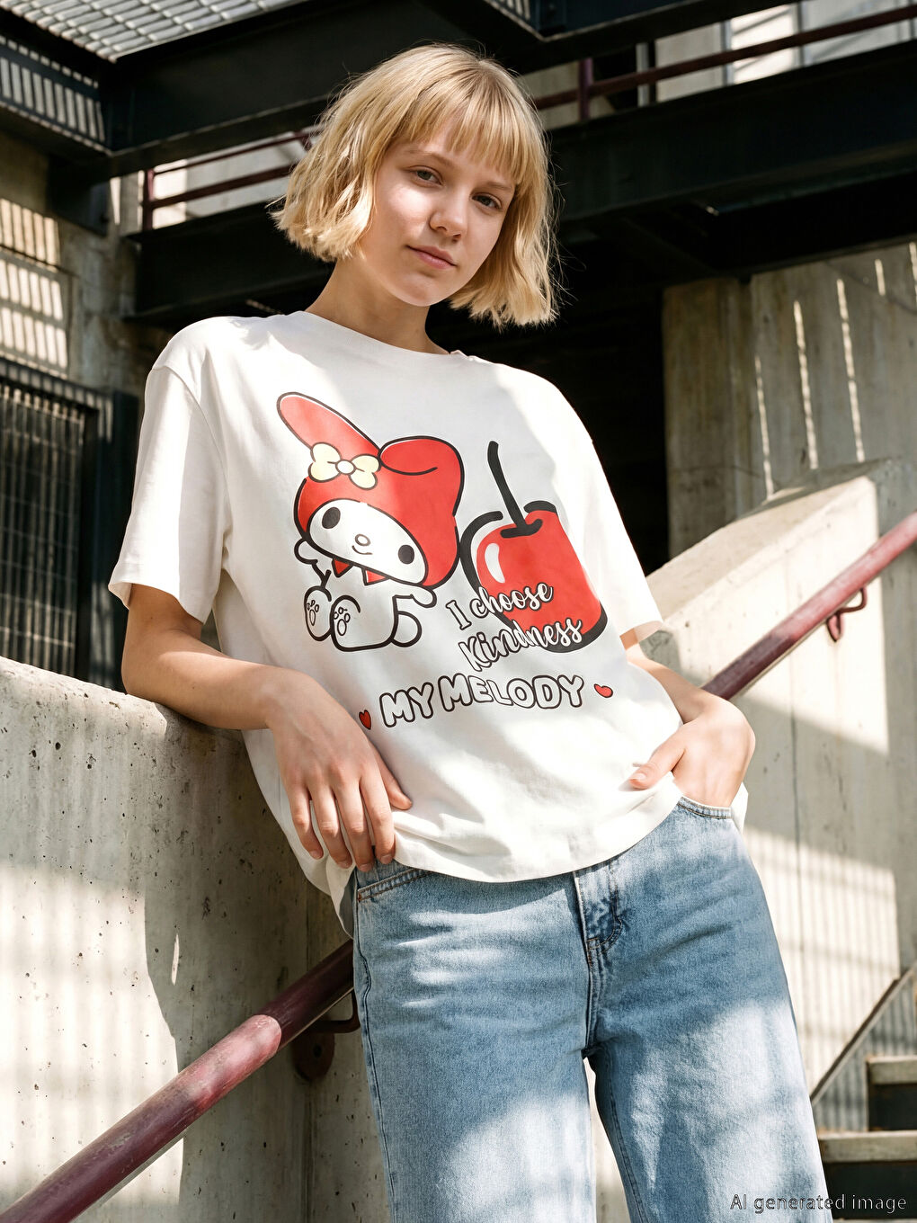 تيشيرت للبنات بياقة دائرية مطبوع My Melody-1