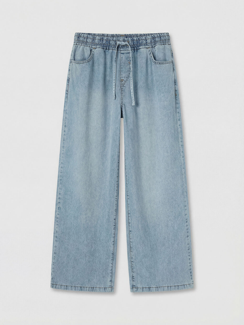 Mavi Beli Lastikli Wideleg Kadın Jean Pantolon