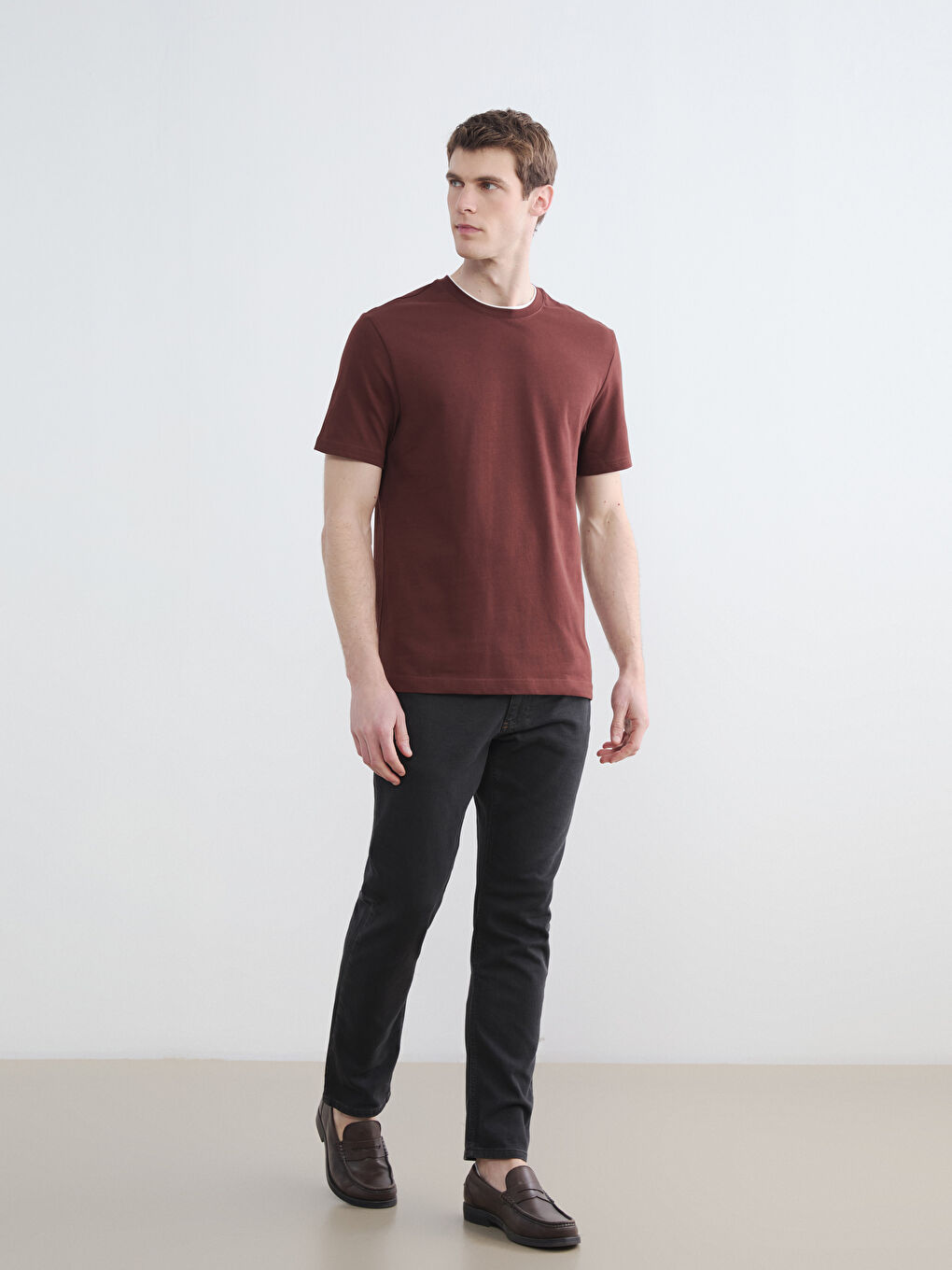 Kahverengi Bisiklet Yaka Erkek Tişört-1