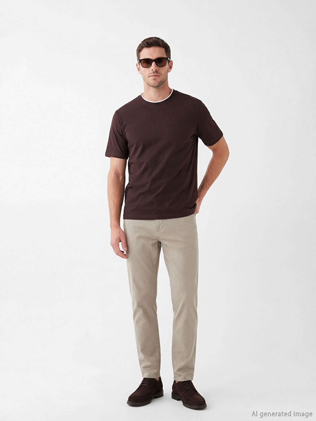 Kahverengi Bisiklet Yaka Erkek Tişört-1