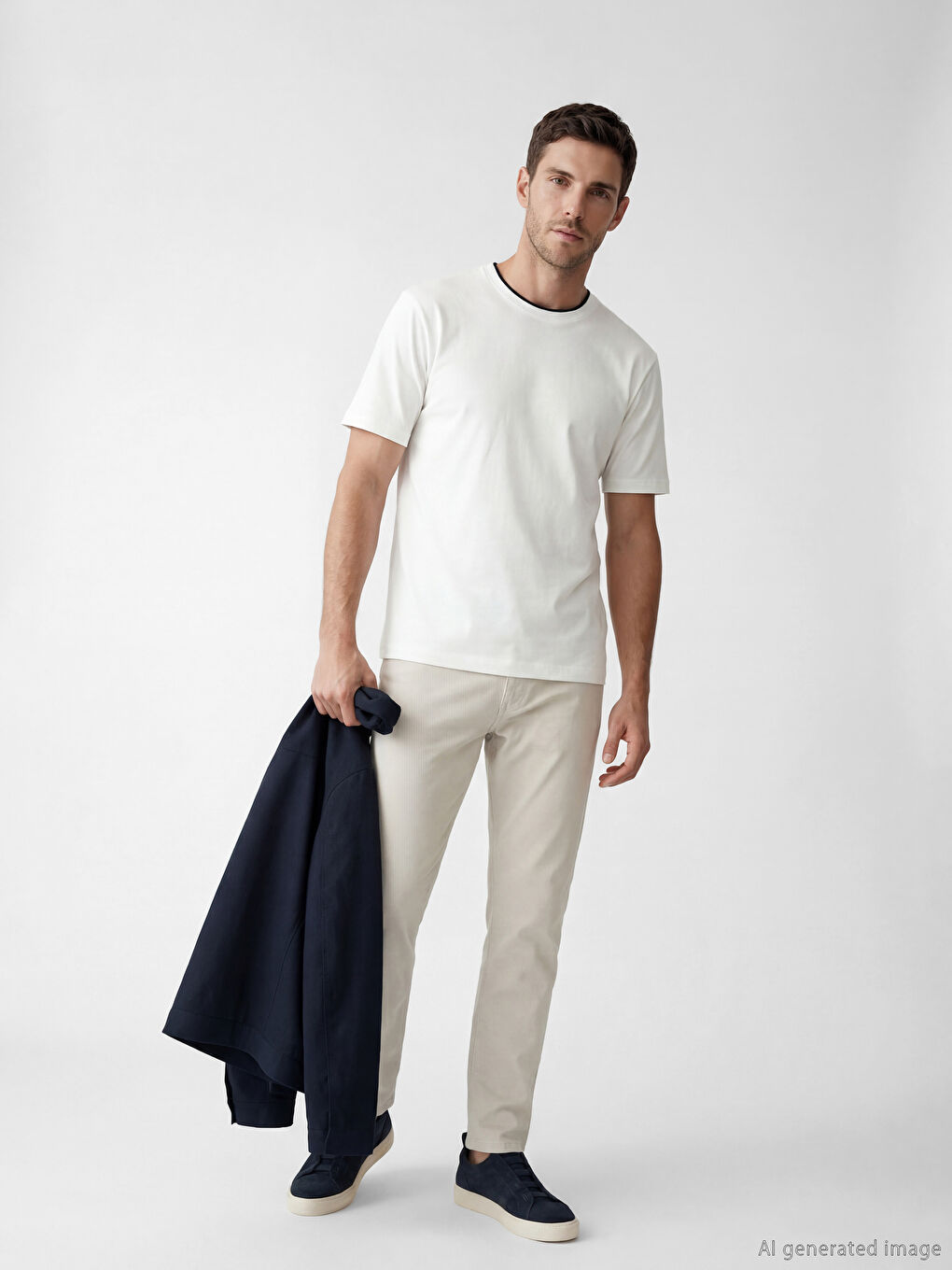 Ekru Bisiklet Yaka Erkek Tişört-1