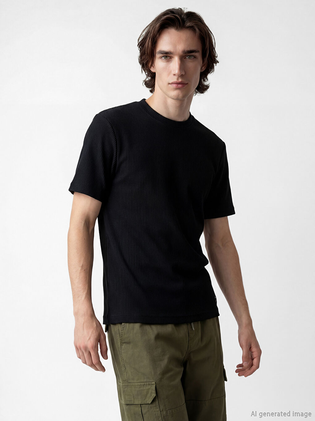 Siyah Bisiklet Yaka Fitilli Erkek Tişört