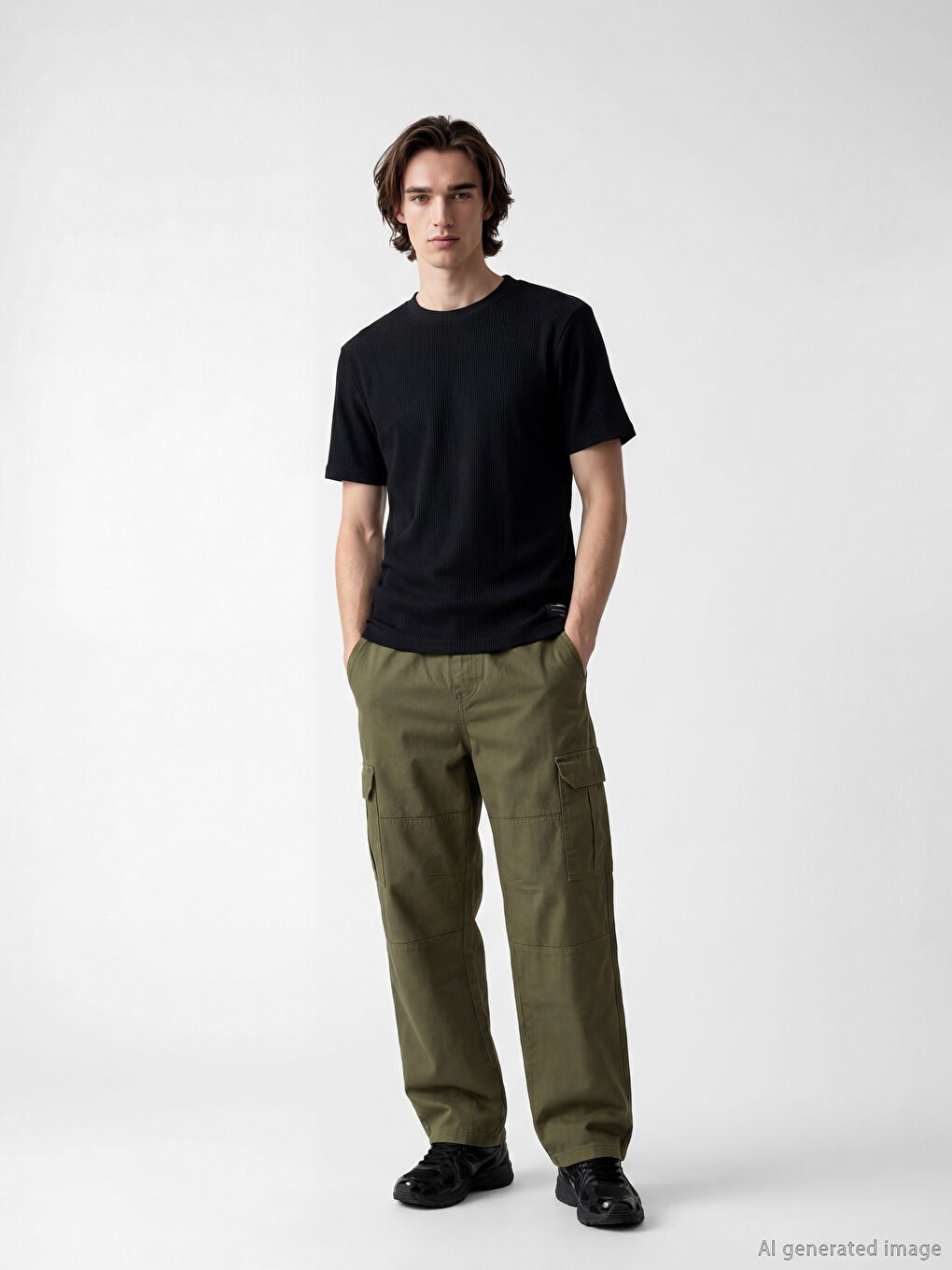 Siyah Bisiklet Yaka Fitilli Erkek Tişört-1