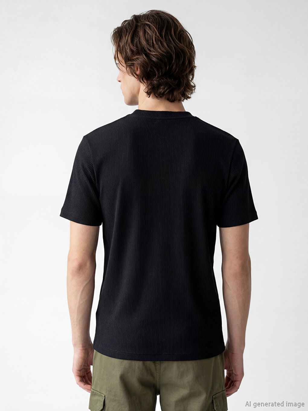 Siyah Bisiklet Yaka Fitilli Erkek Tişört-3