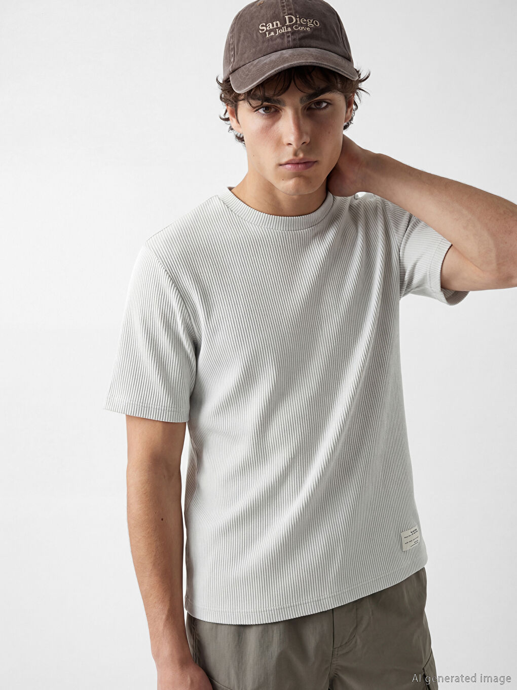 Gri Bisiklet Yaka Fitilli Erkek Tişört