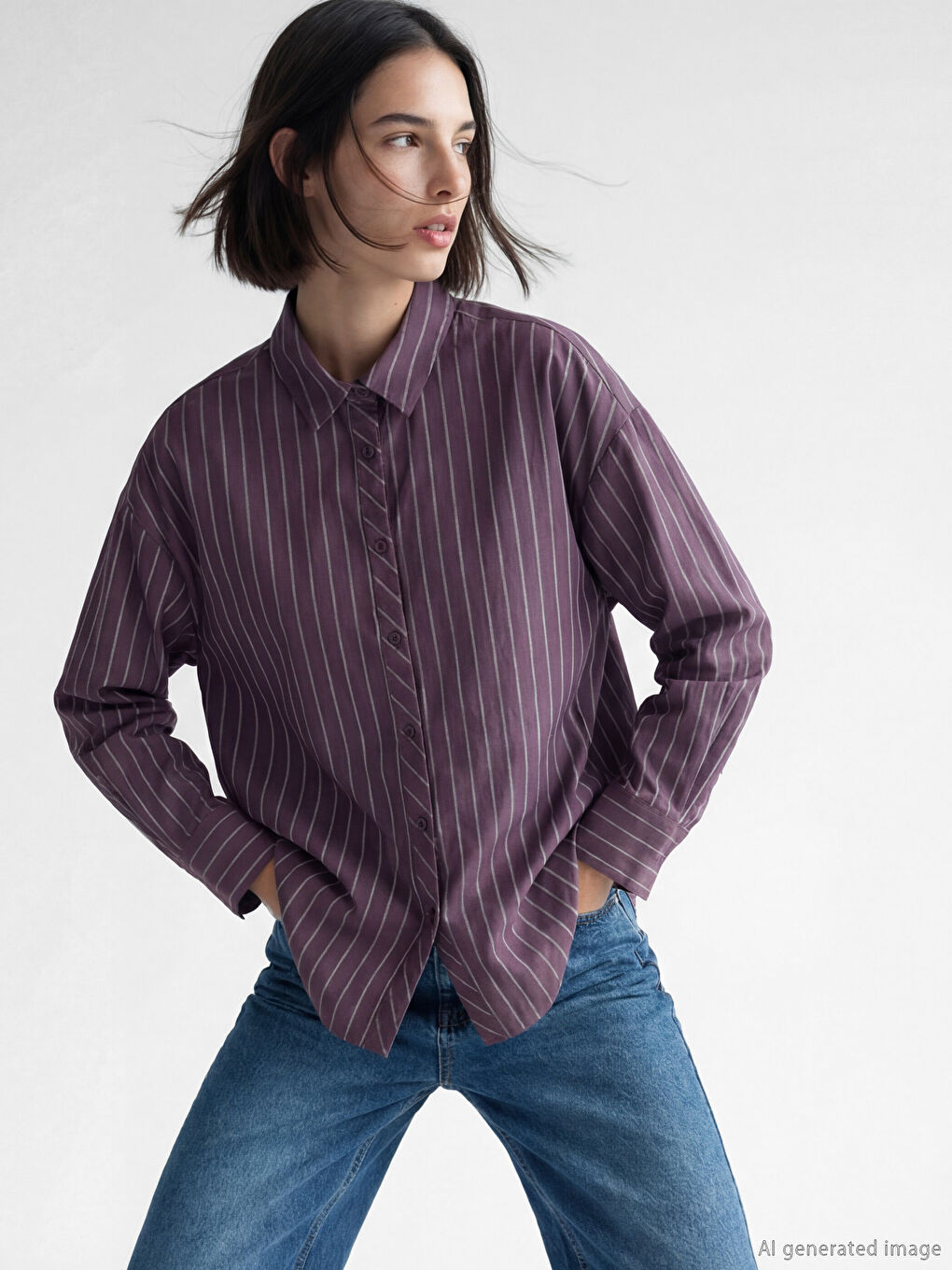 Mürdüm Çizgili Oversize Kadın Gömlek