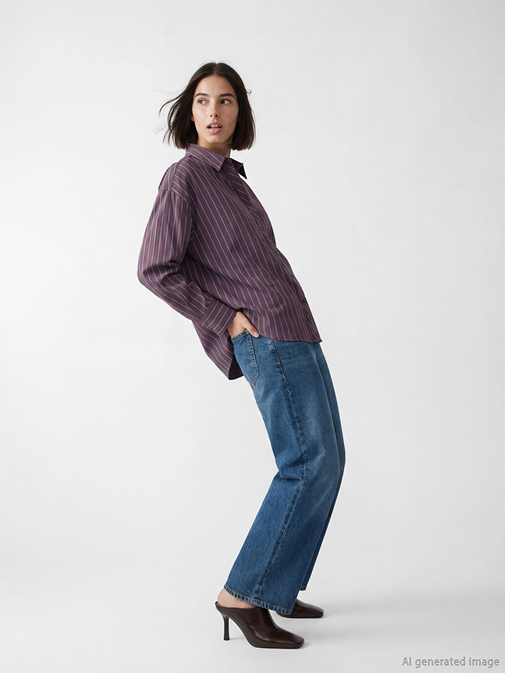 Mürdüm Çizgili Oversize Kadın Gömlek-1