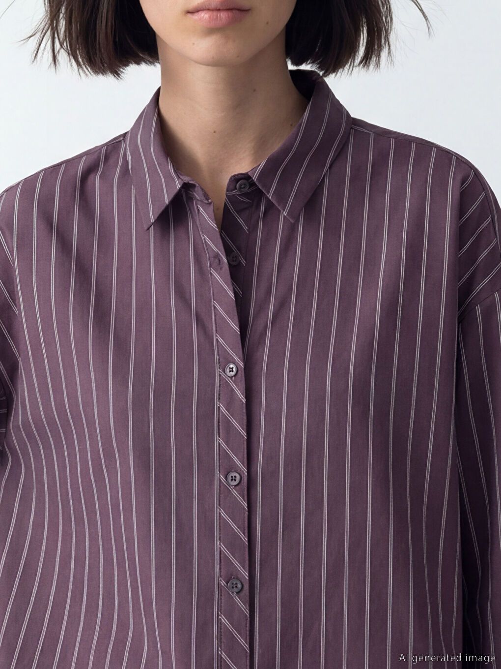 Mürdüm Çizgili Oversize Kadın Gömlek-2