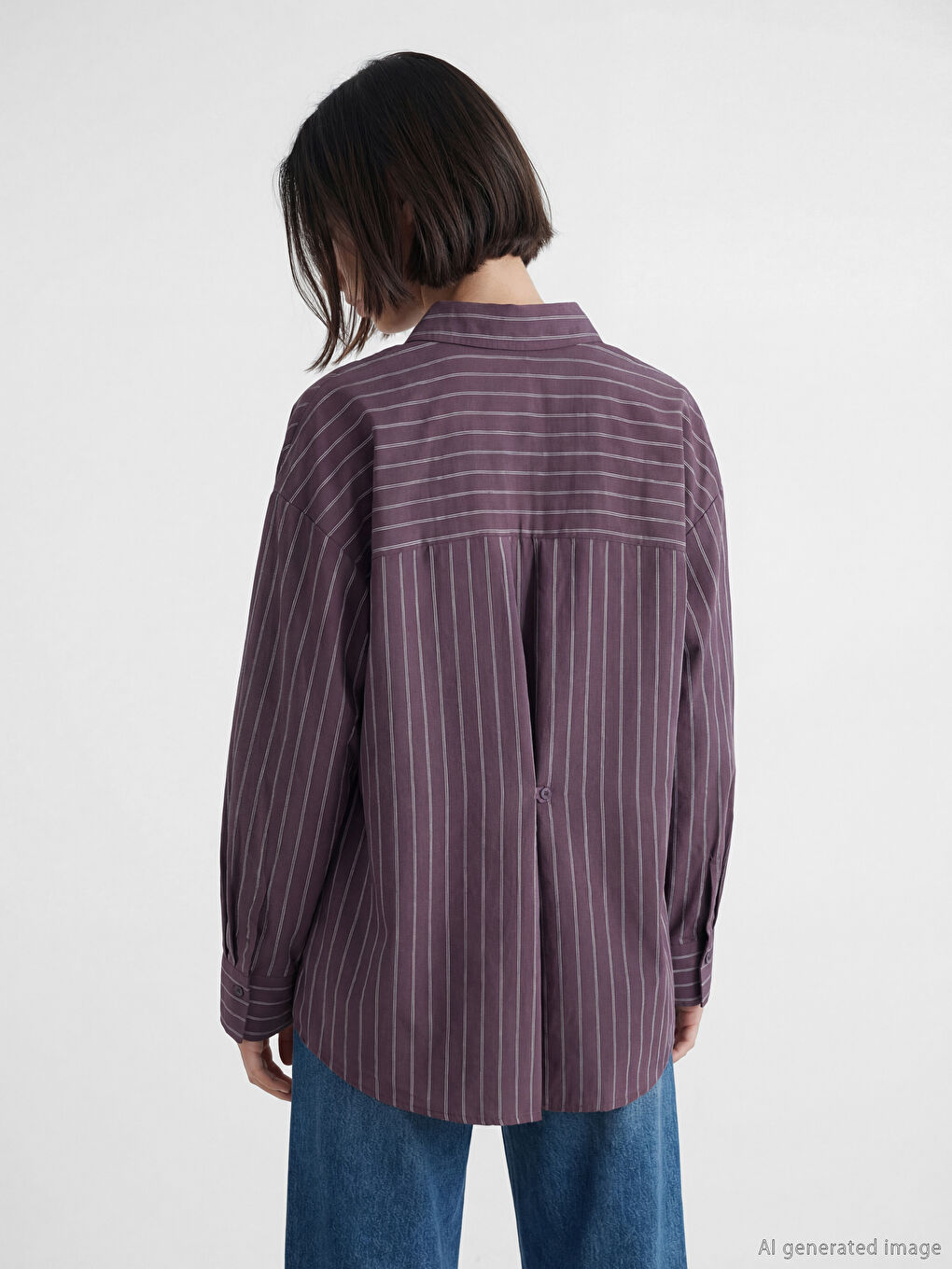 Mürdüm Çizgili Oversize Kadın Gömlek-3