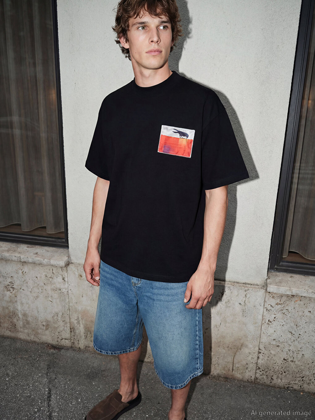 Siyah Bisiklet Yaka Nakışlı Erkek Tişört-1