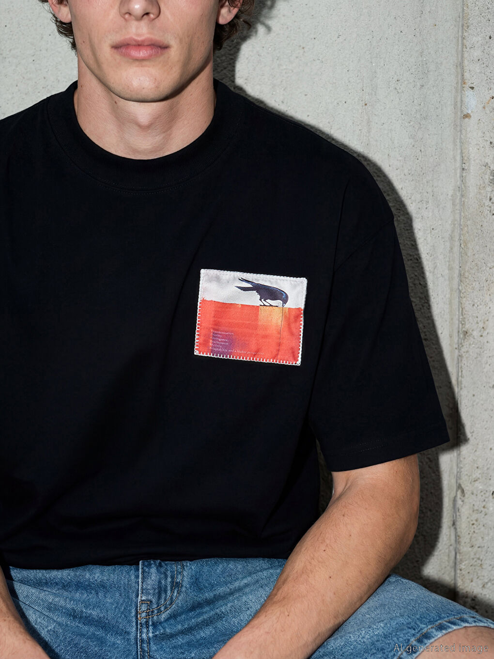 Siyah Bisiklet Yaka Nakışlı Erkek Tişört-2