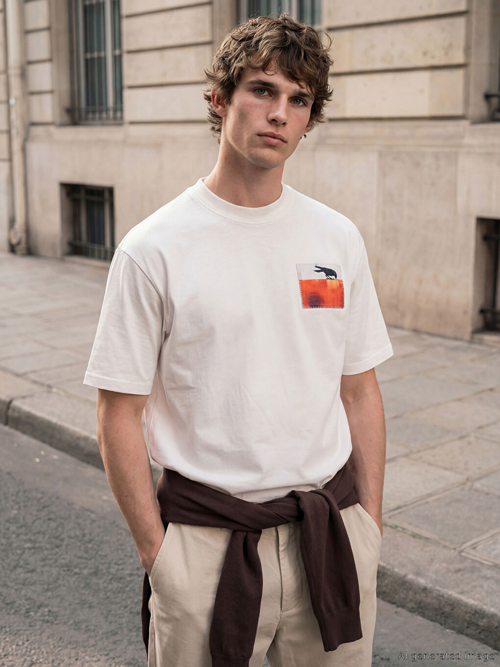 Beyaz Bisiklet Yaka Nakışlı Erkek Tişört-2