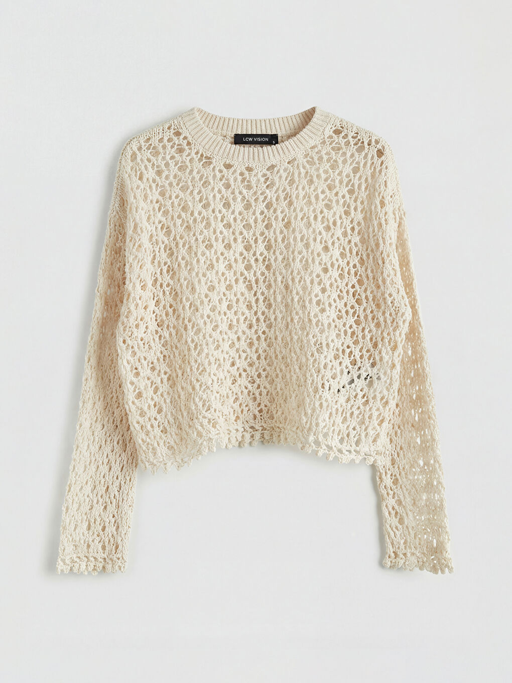 Ekru Bisiklet Yaka Ajurlu Kadın Triko Kazak-4