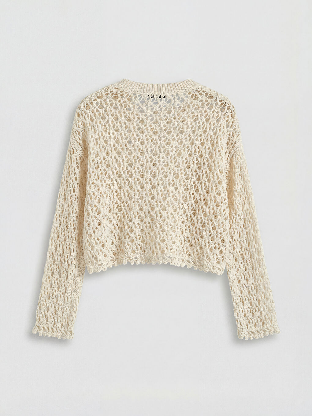 Ekru Bisiklet Yaka Ajurlu Kadın Triko Kazak-5