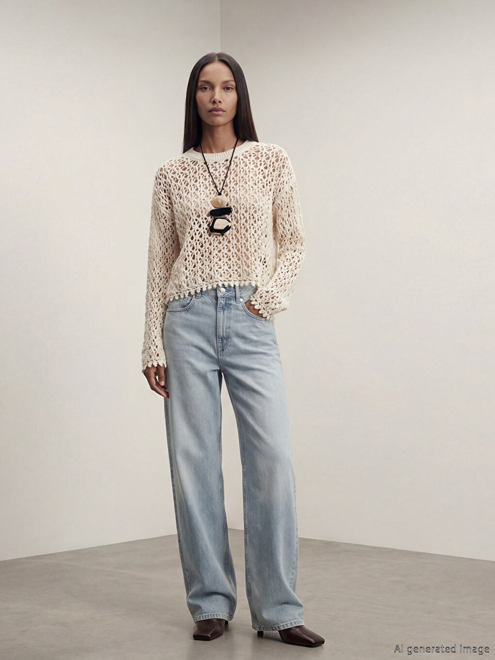 Ekru Bisiklet Yaka Ajurlu Kadın Triko Kazak-1