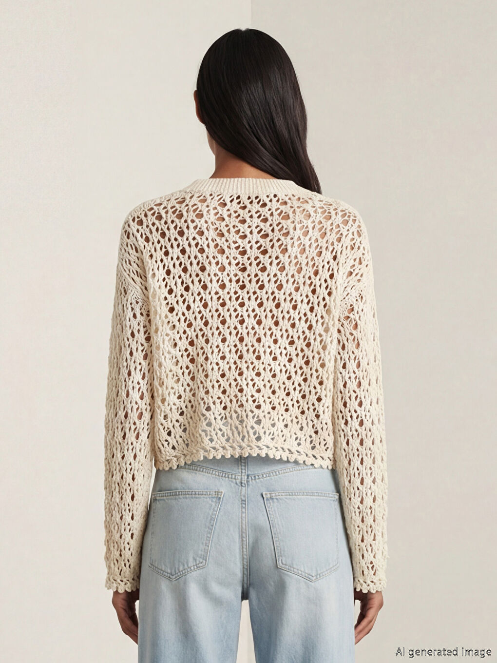 Ekru Bisiklet Yaka Ajurlu Kadın Triko Kazak-3