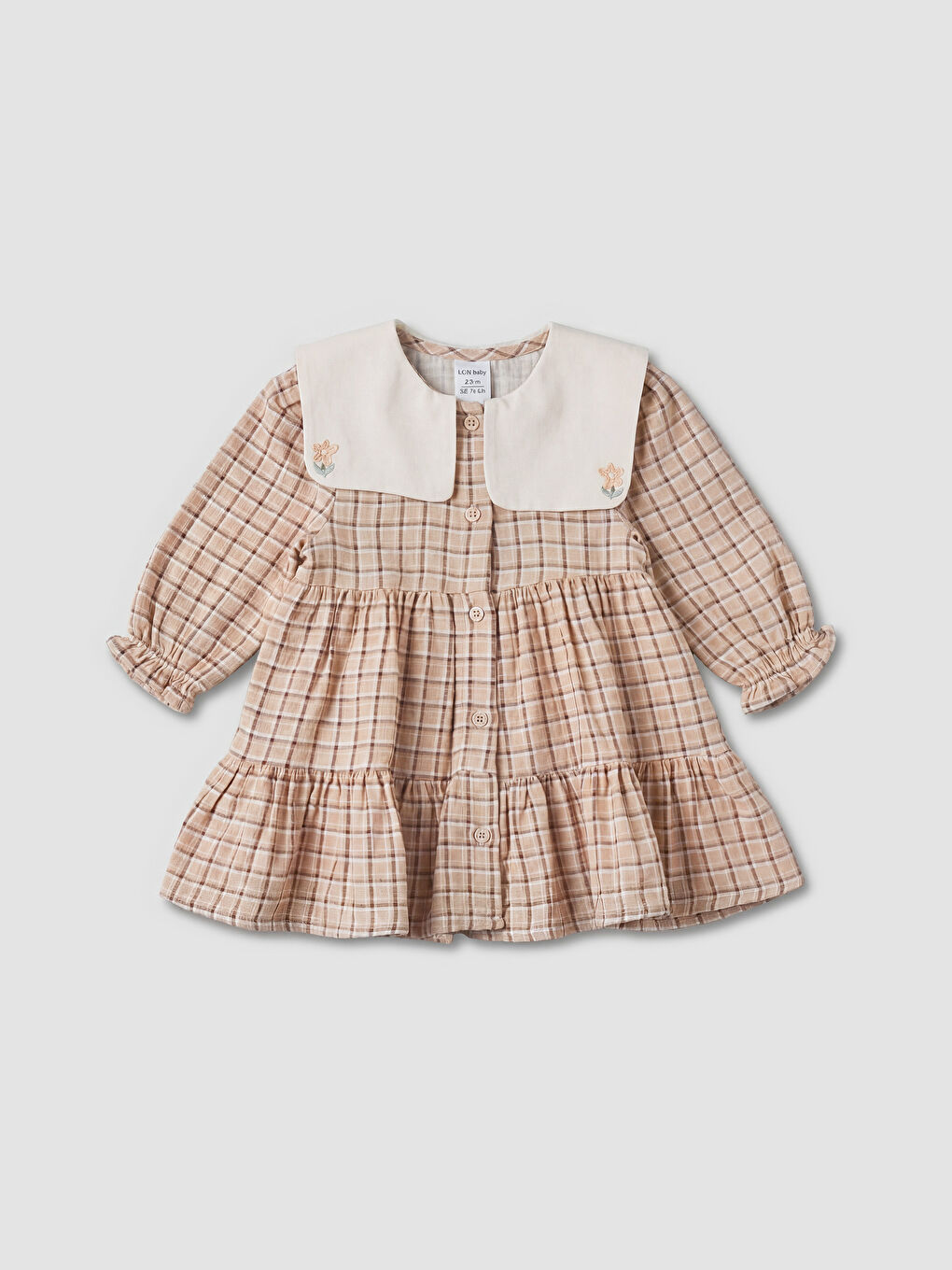 Kahverengi Bebe Yaka Nakışlı Kız Bebek Gabardin Elbise