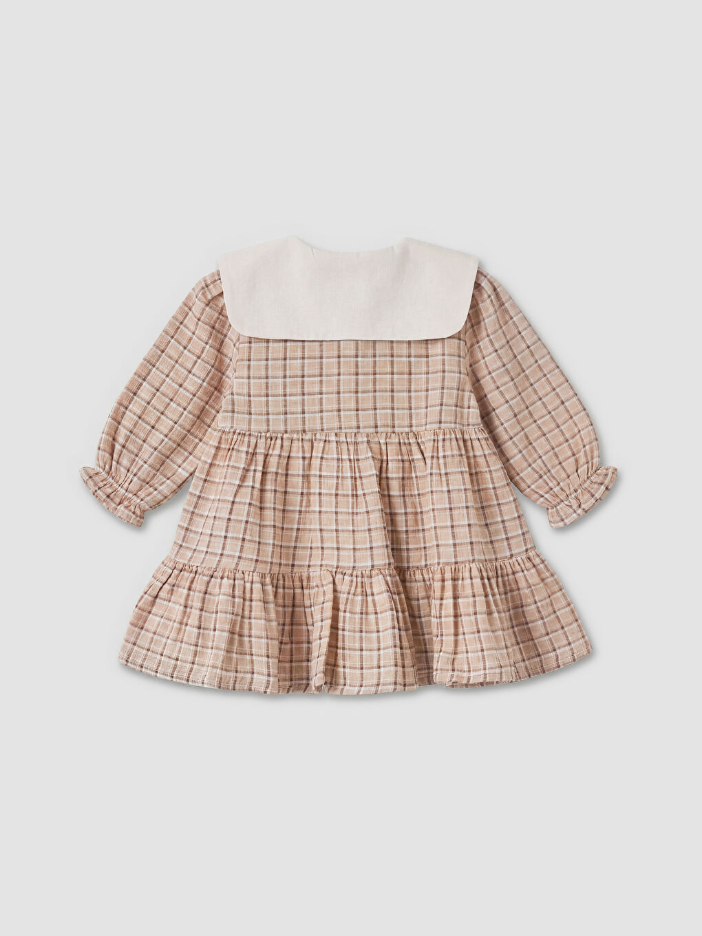 Kahverengi Bebe Yaka Nakışlı Kız Bebek Gabardin Elbise-1