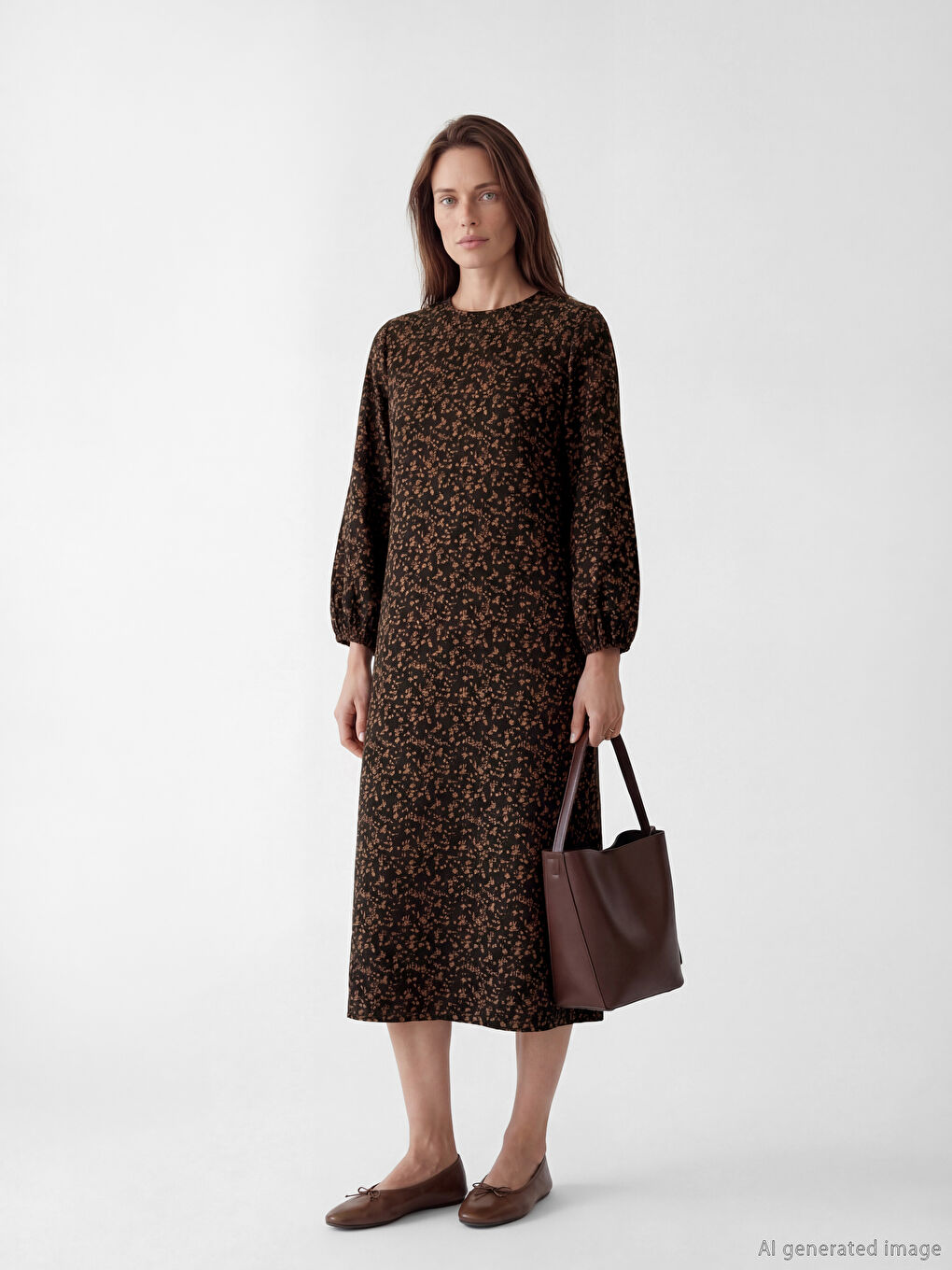 Kahverengi Bisiklet Yaka Desenli A Kesim Elbise