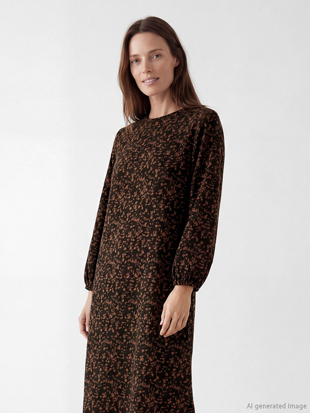 Kahverengi Bisiklet Yaka Desenli A Kesim Elbise-1