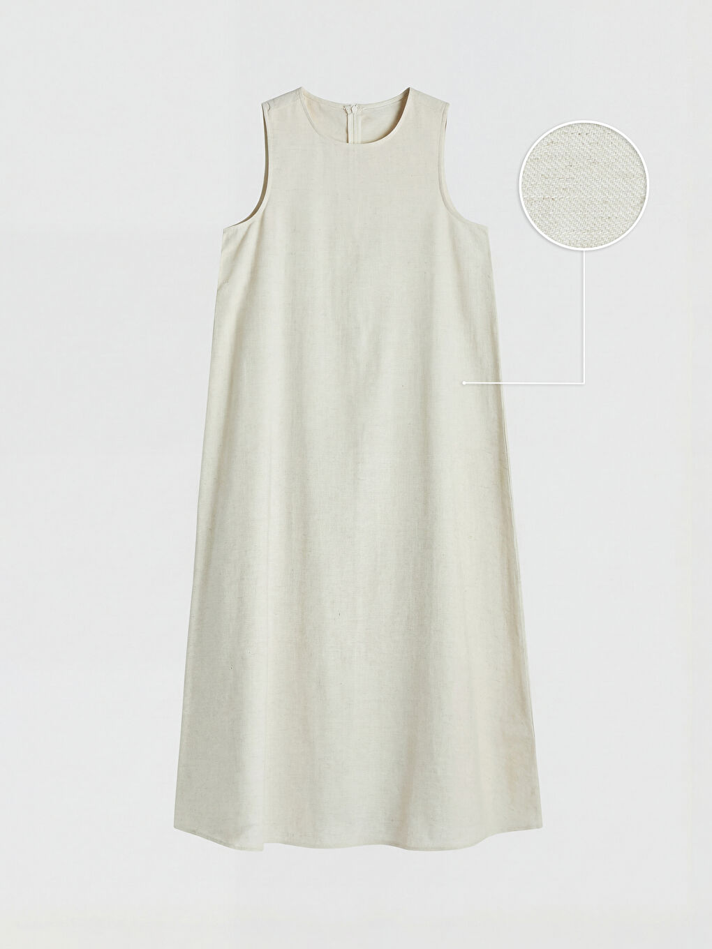 Ekru Bisiklet Yaka Keten Karışımlı Elbise