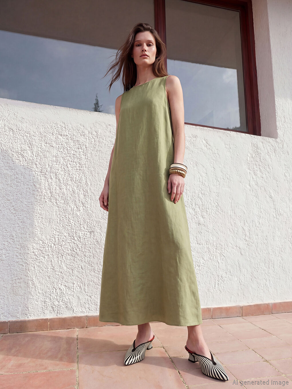 Yeşil Bisiklet Yaka Keten Karışımlı Elbise