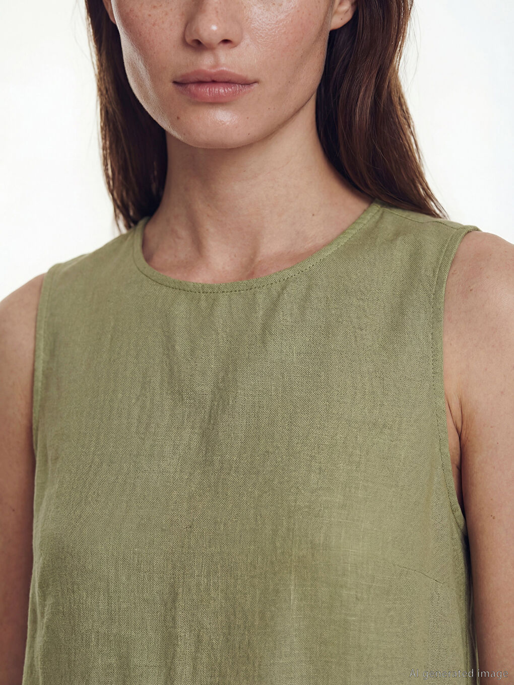 Yeşil Bisiklet Yaka Keten Karışımlı Elbise-2