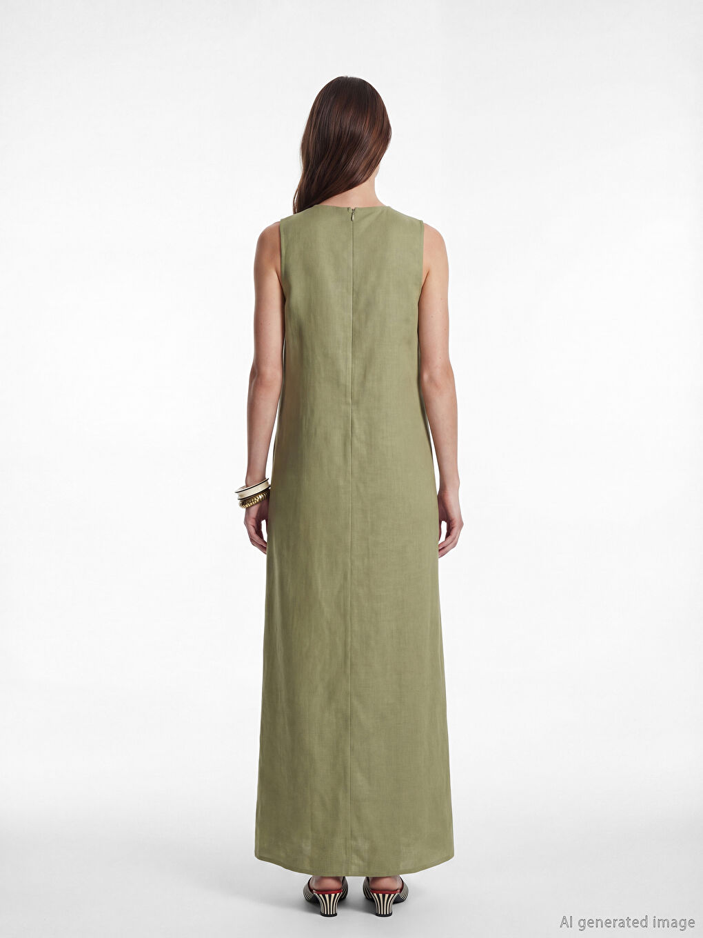 Yeşil Bisiklet Yaka Keten Karışımlı Elbise-3