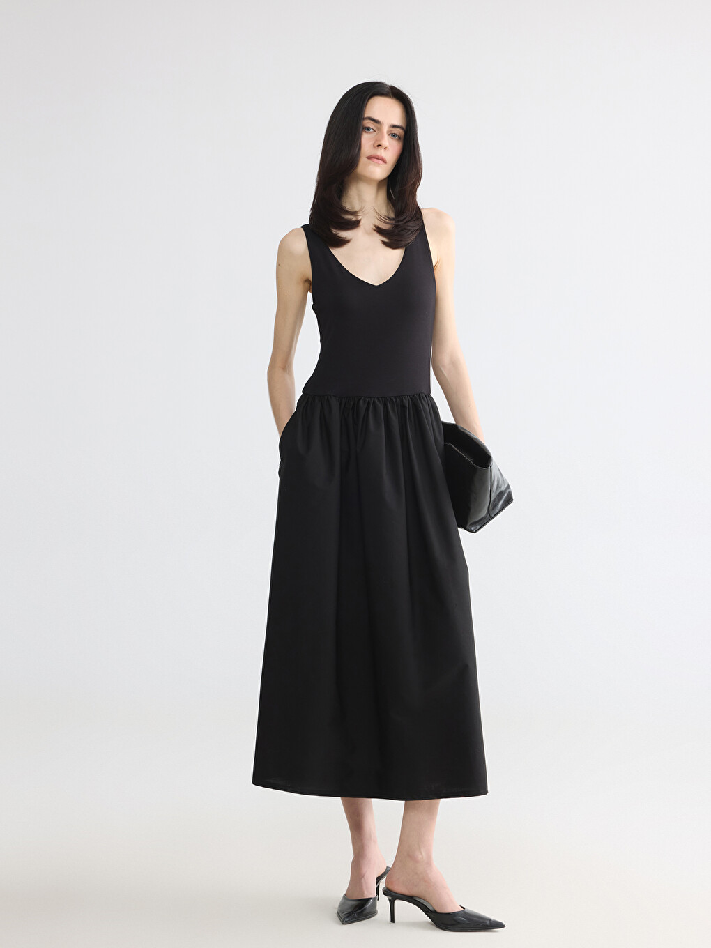 V Neck Fitted Waist Dress-1