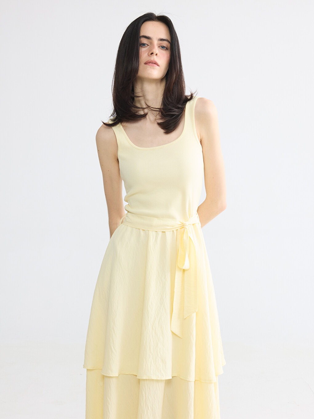 U Neck Sash Layered Dress