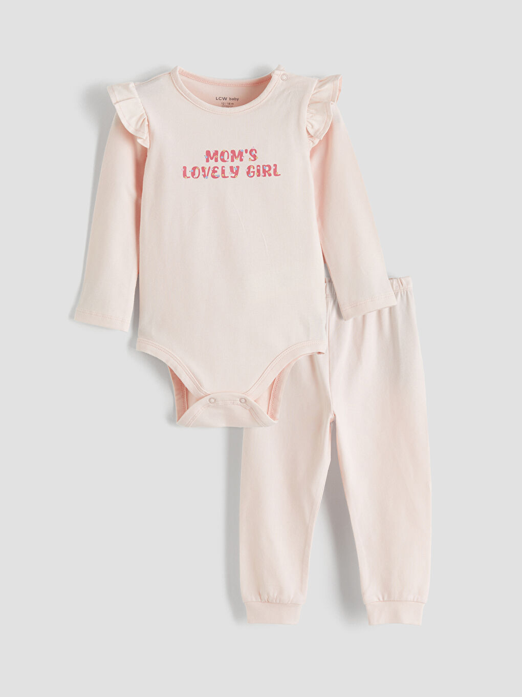 Pembe Baskılı Kız Bebek Çıtçıtlı Body ve Pantolon
