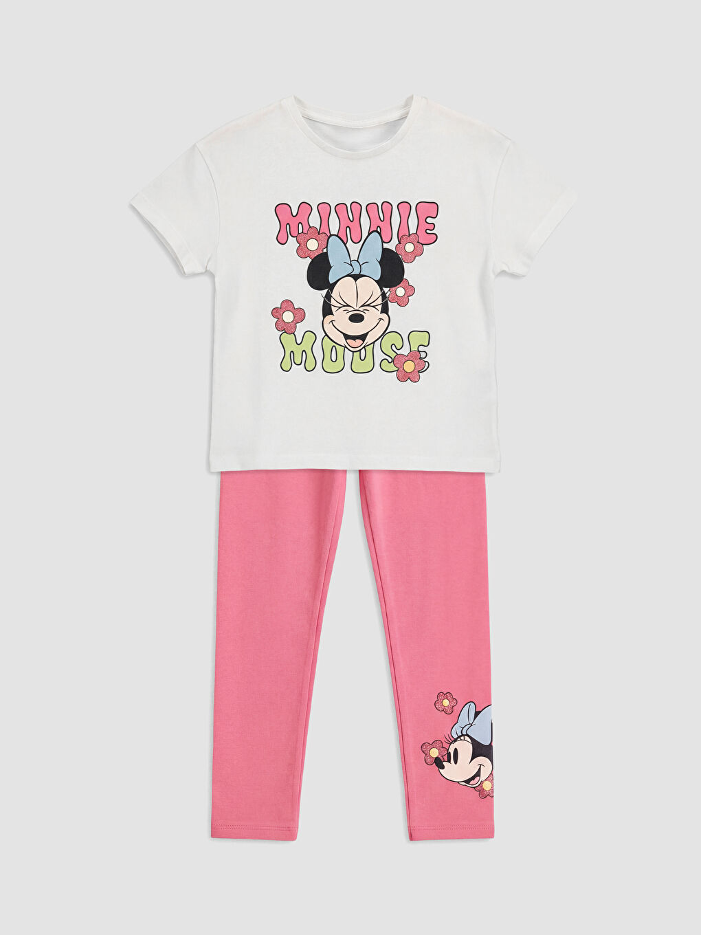 Beyaz Minnie Mouse Baskılı Kız Çocuk Tişört ve Tayt-1