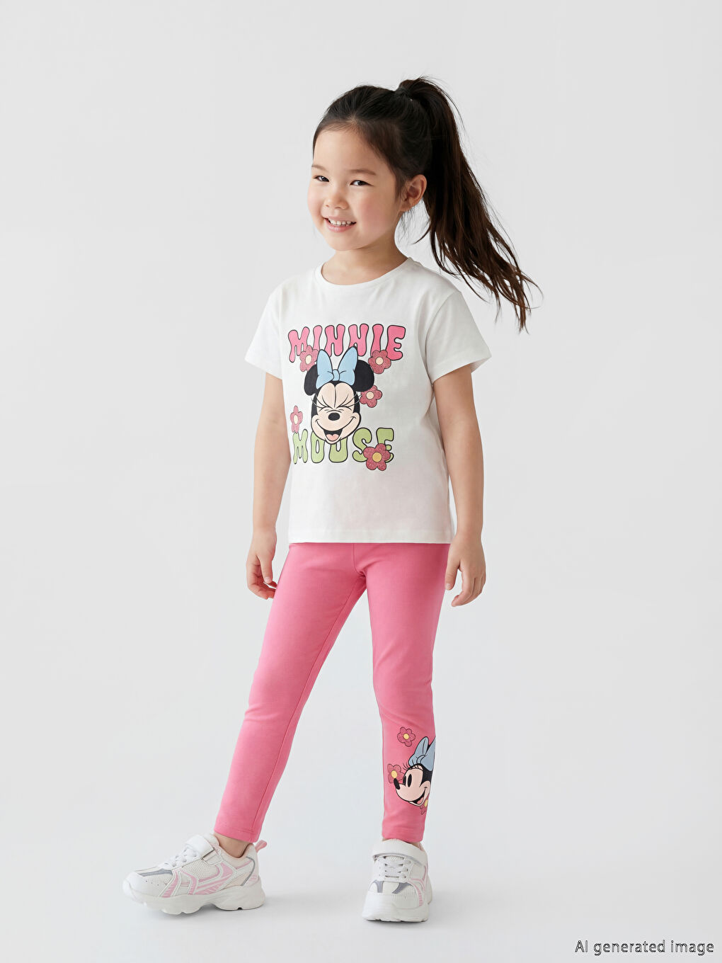 Beyaz Minnie Mouse Baskılı Kız Çocuk Tişört ve Tayt