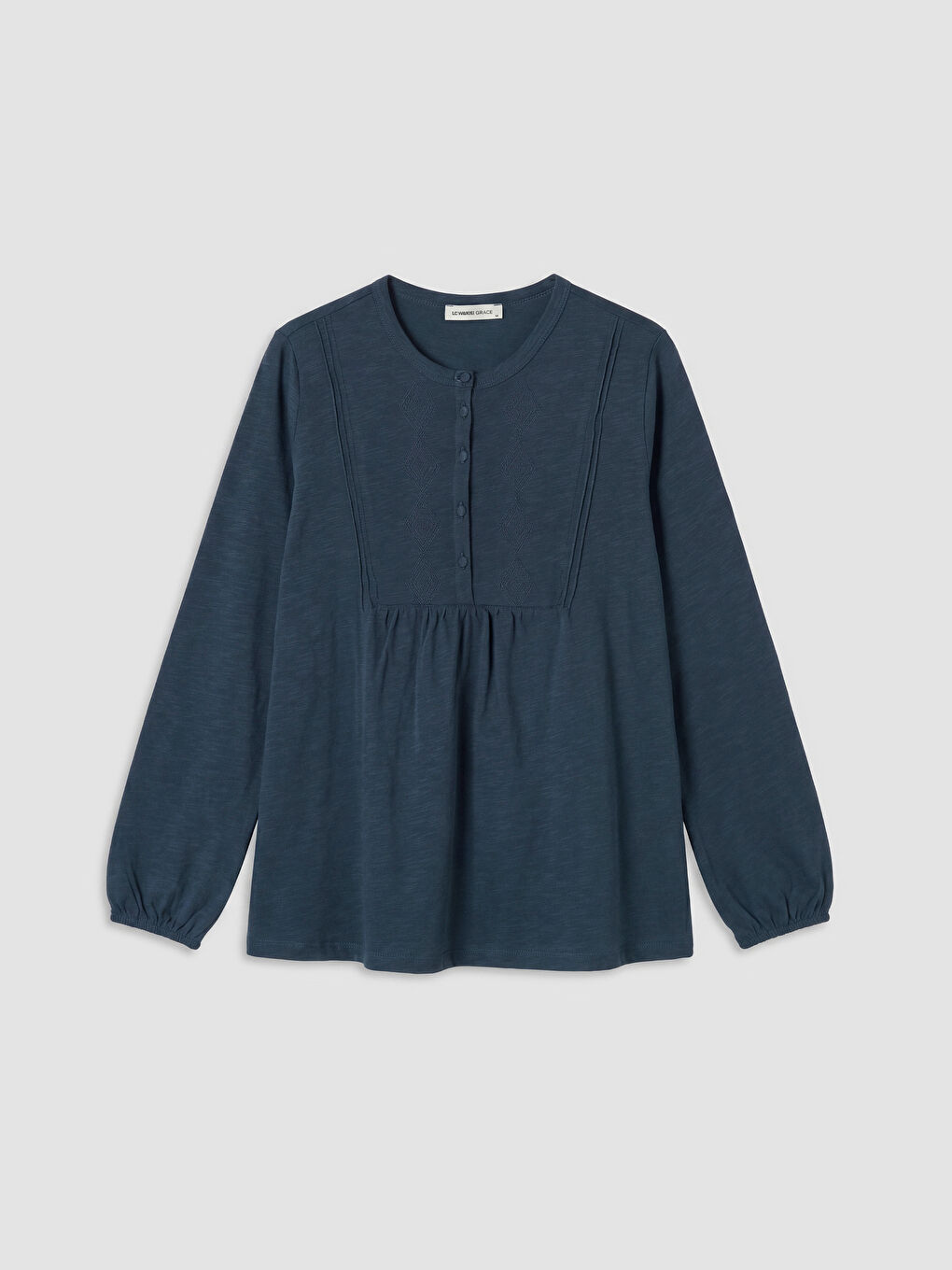 Lacivert Bisiklet Yaka Nakışlı Büzgülü Bluz