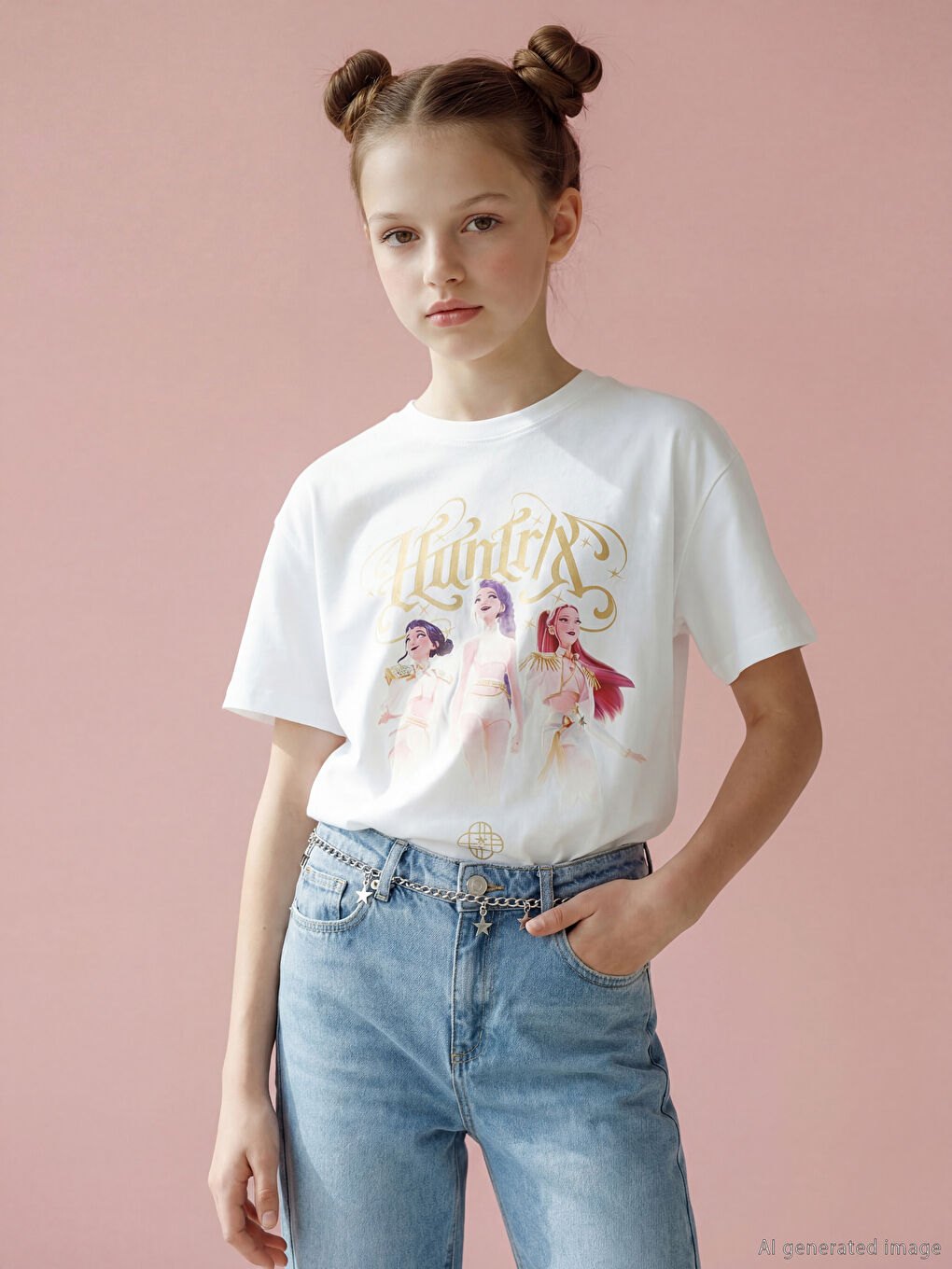 Beyaz Bisiklet Yaka Huntrix Baskılı Kız Çocuk Tişört
