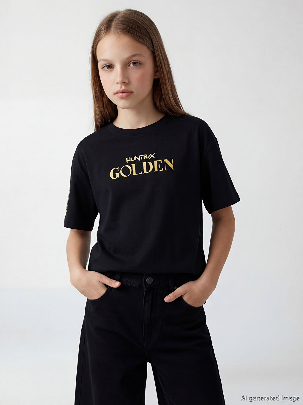 Siyah Bisiklet Yaka Huntrix Baskılı Kız Çocuk Tişört-1