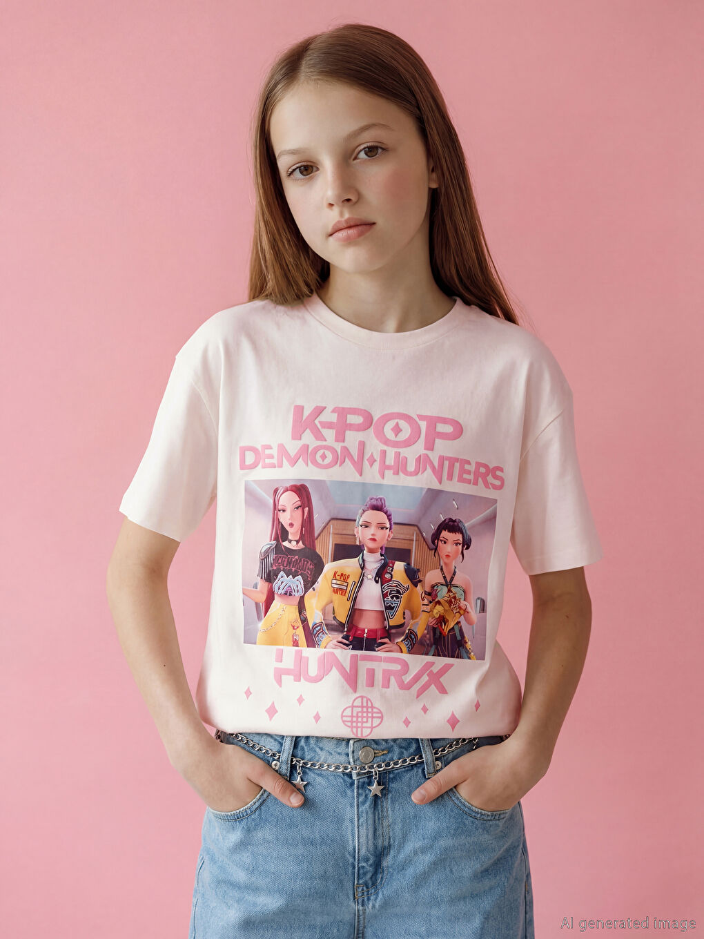 Ekru K-Pop Baskılı Kız Çocuk Tişört