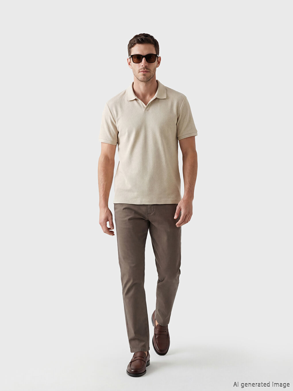 Bej Polo Yaka Dokulu Erkek Tişört-1