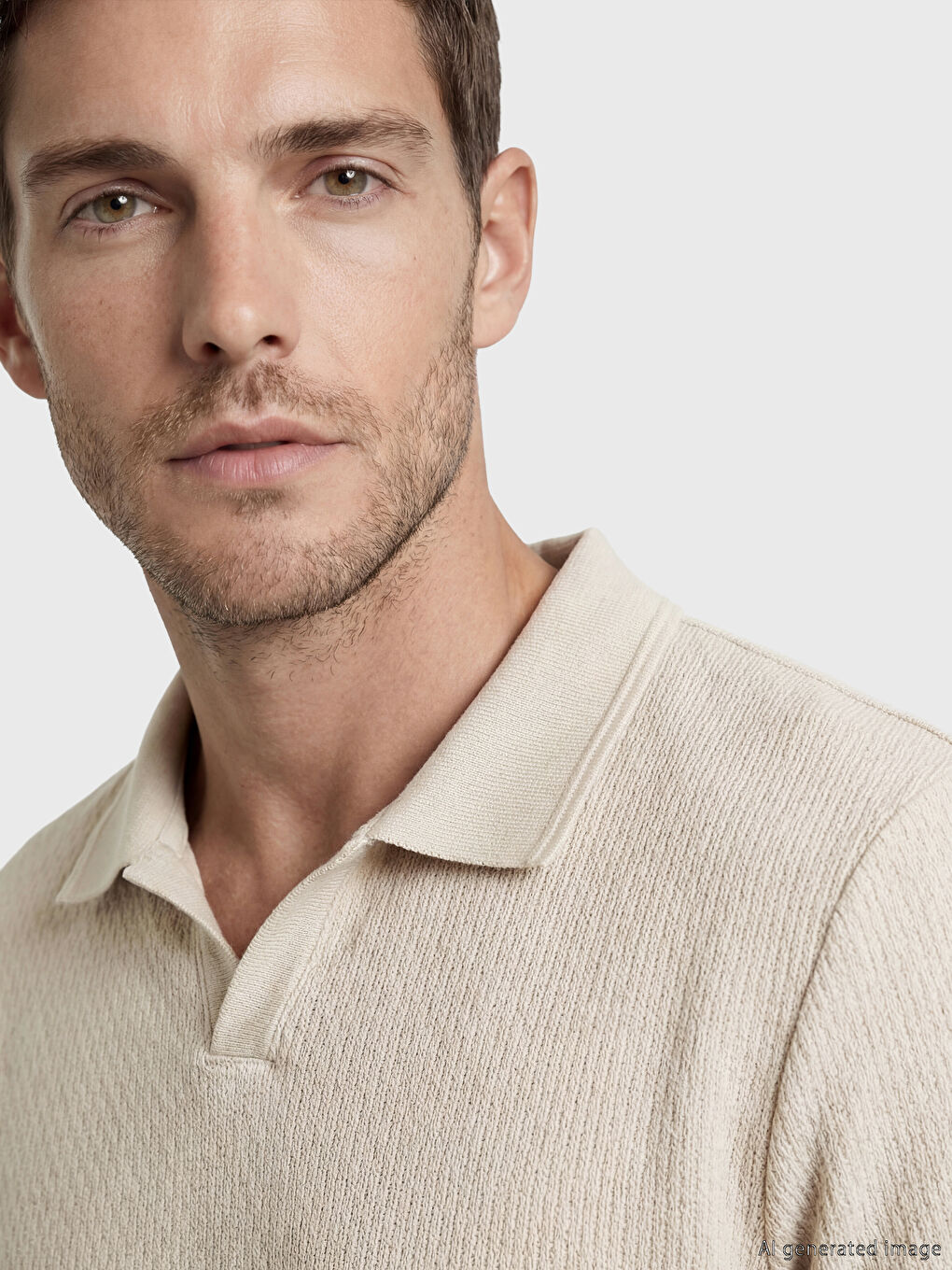 Bej Polo Yaka Dokulu Erkek Tişört-2