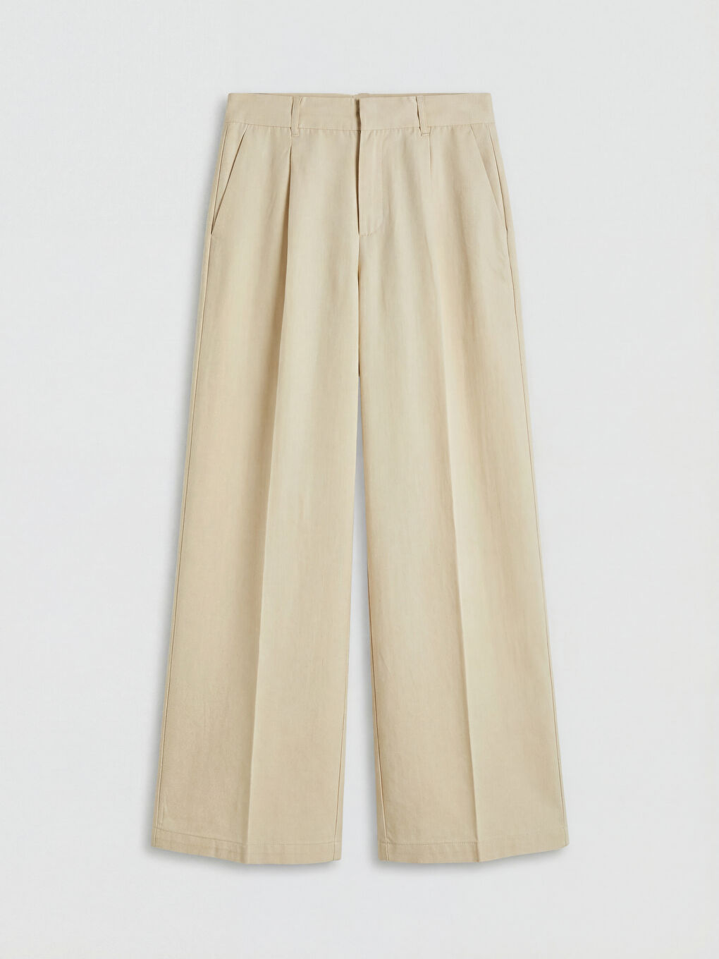 Bej Yüksek Bel Geniş Paça Kadın Kumaş Pantolon