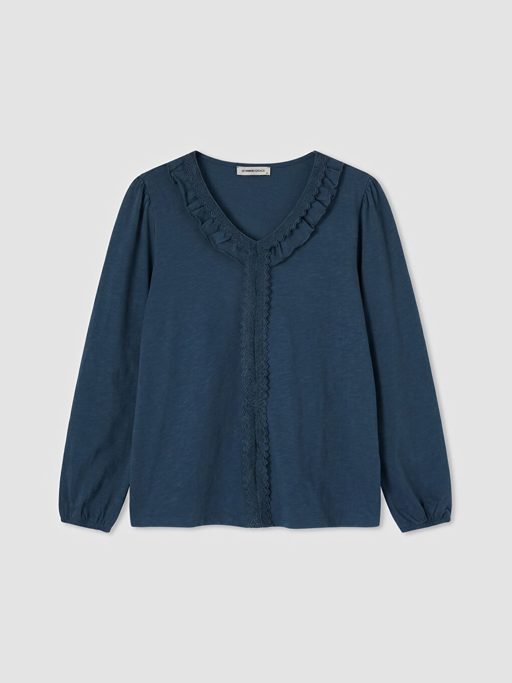 Lacivert V Yaka Dantel Detaylı Fırfırlı Bluz
