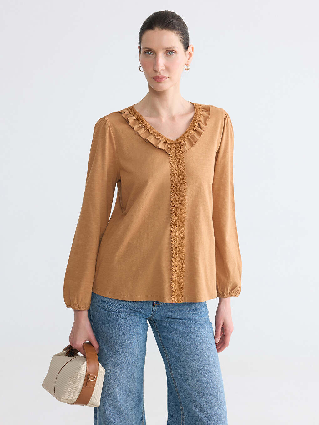 V Neck Lace Detailed Frilled Blouse