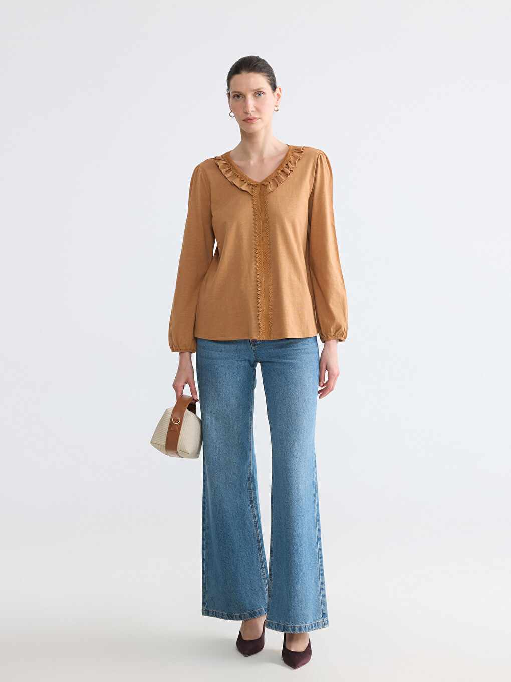 V Neck Lace Detailed Frilled Blouse-1