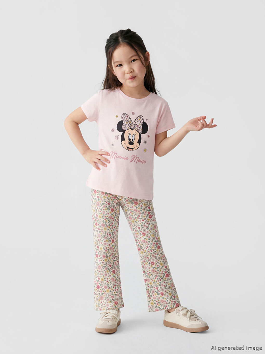 Pembe Minnie Mouse Baskılı Kız Çocuk Tişört ve Tayt
