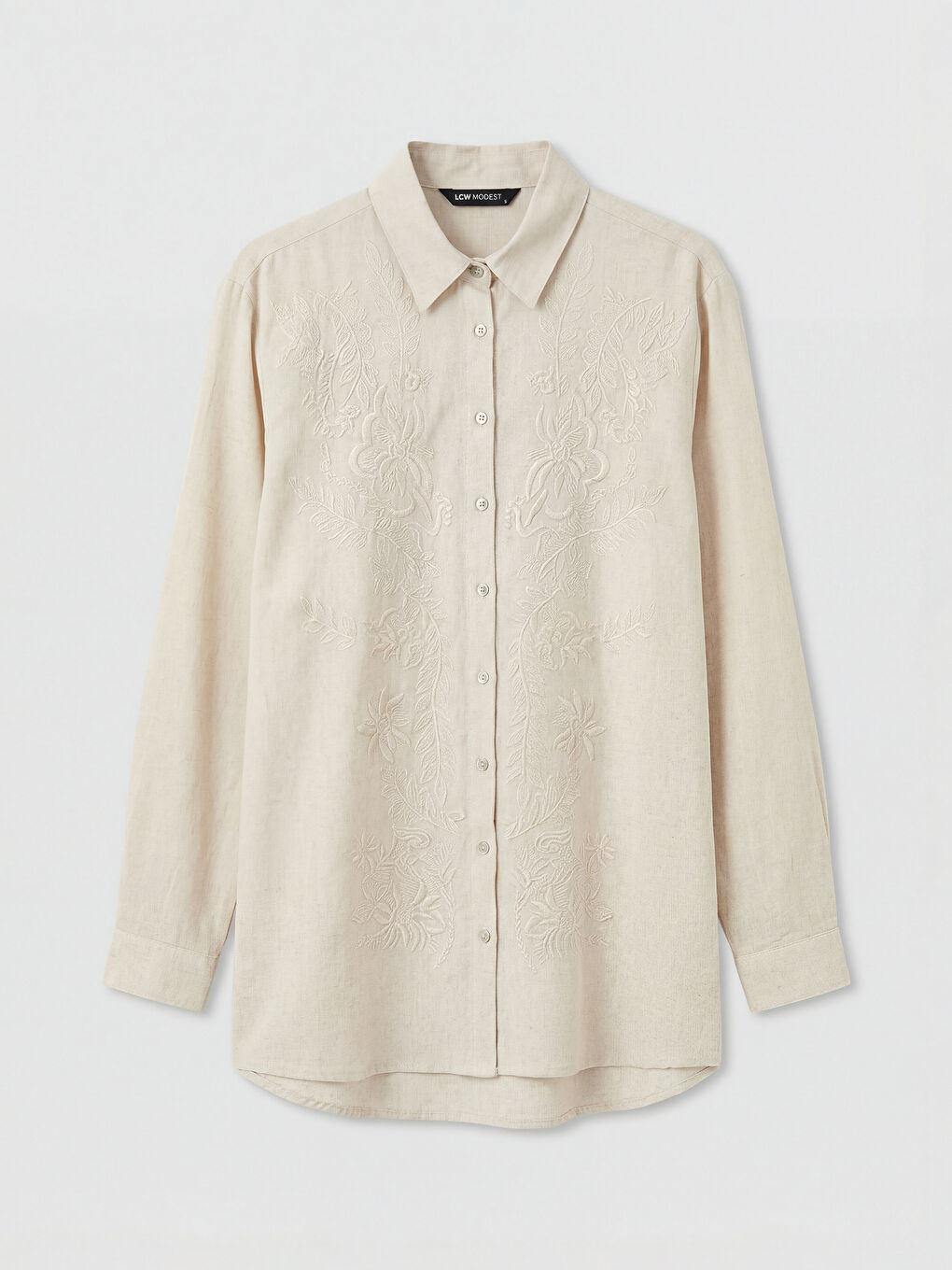 Ekru Nakışlı Oversize Kadın Gömlek Tunik