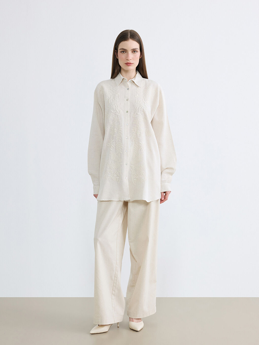 Ekru Nakışlı Oversize Kadın Gömlek Tunik-1