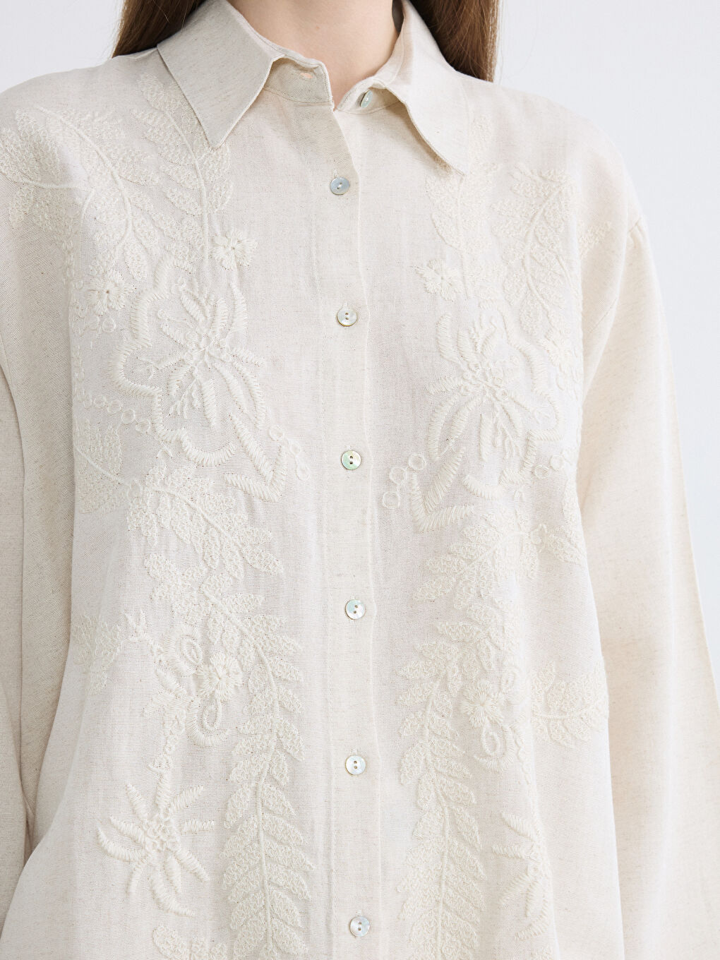 Ekru Nakışlı Oversize Kadın Gömlek Tunik-2