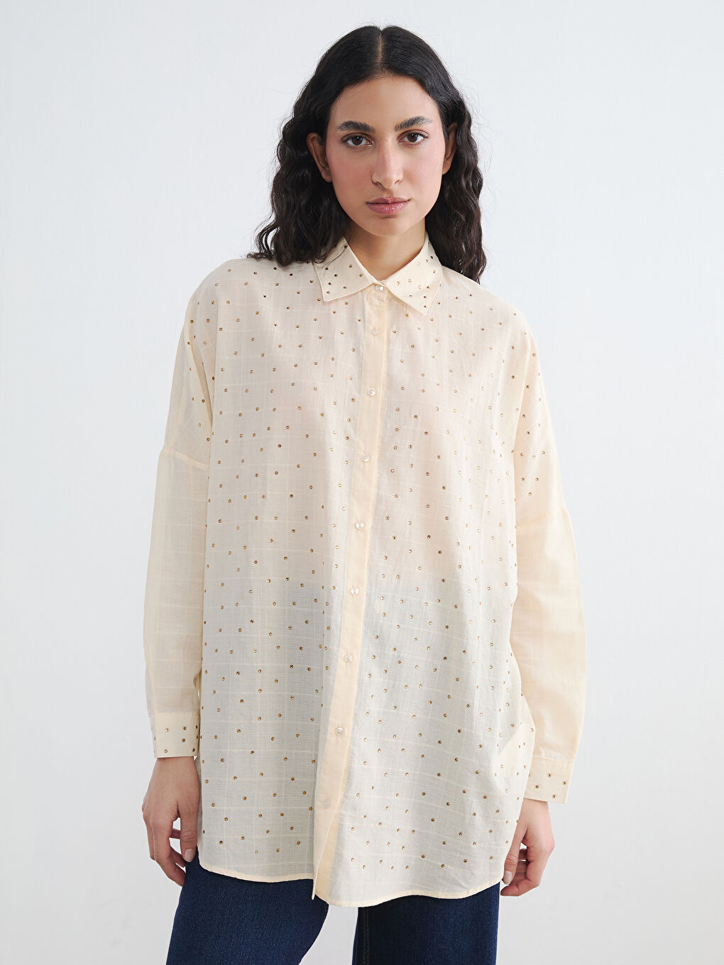 Sarı Taşlı Oversize Kadın Gömlek Tunik