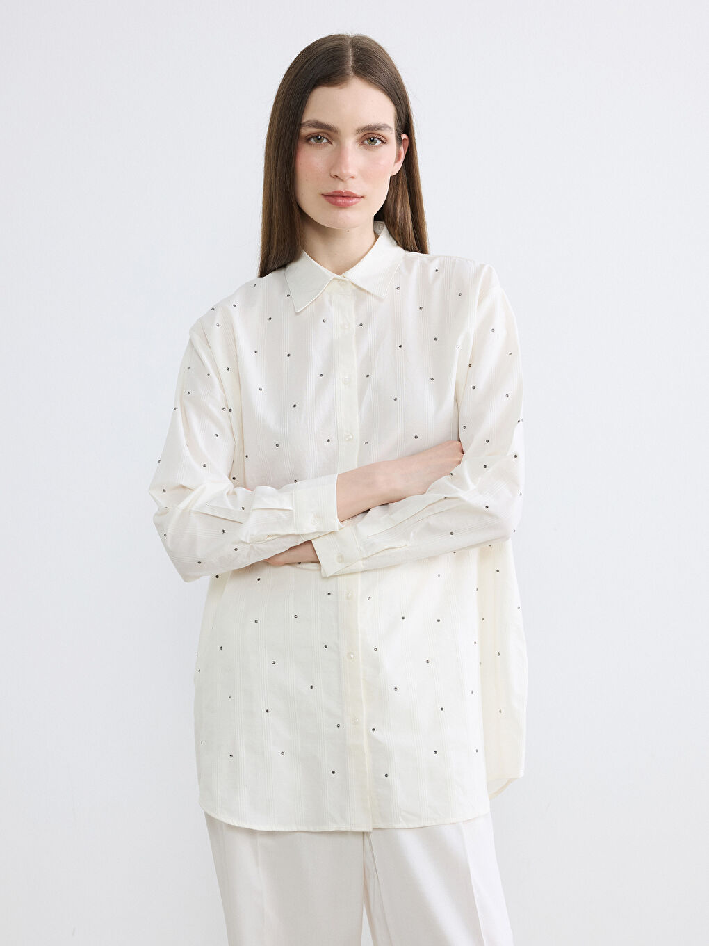 Ekru Taşlı Oversize Kadın Gömlek Tunik