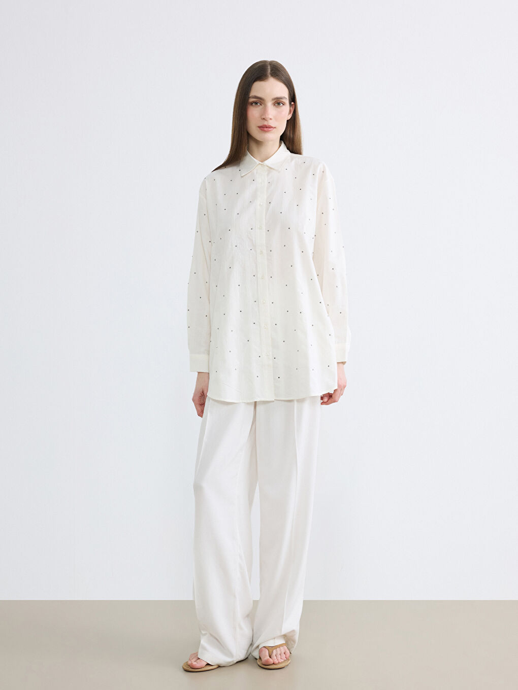 Ekru Taşlı Oversize Kadın Gömlek Tunik-1